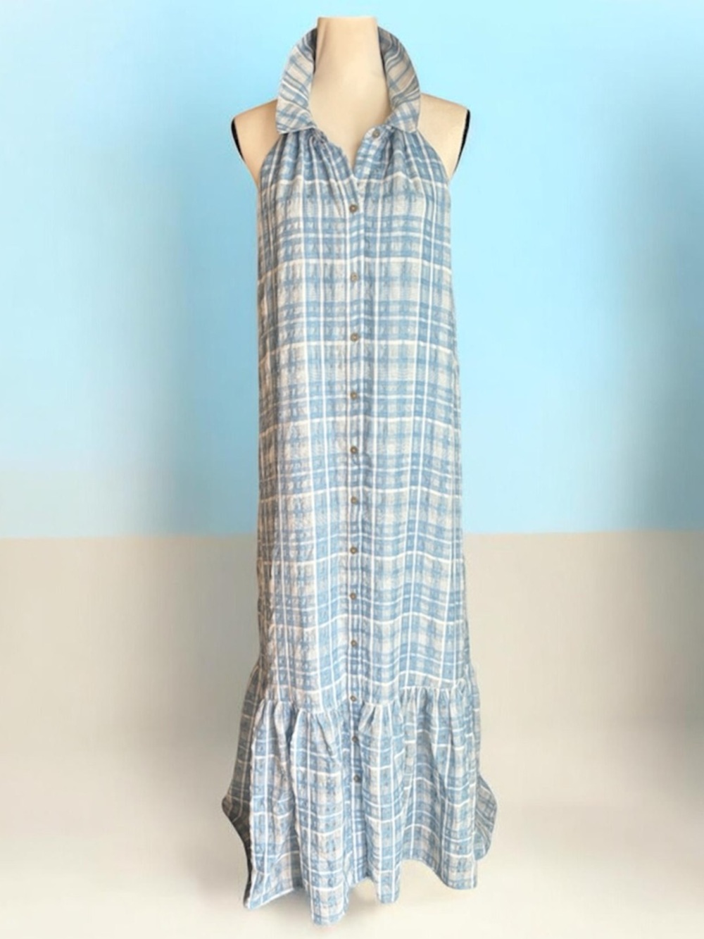 Anthropologie Light Blue Plaid Button-Front Halter Maxi Dress